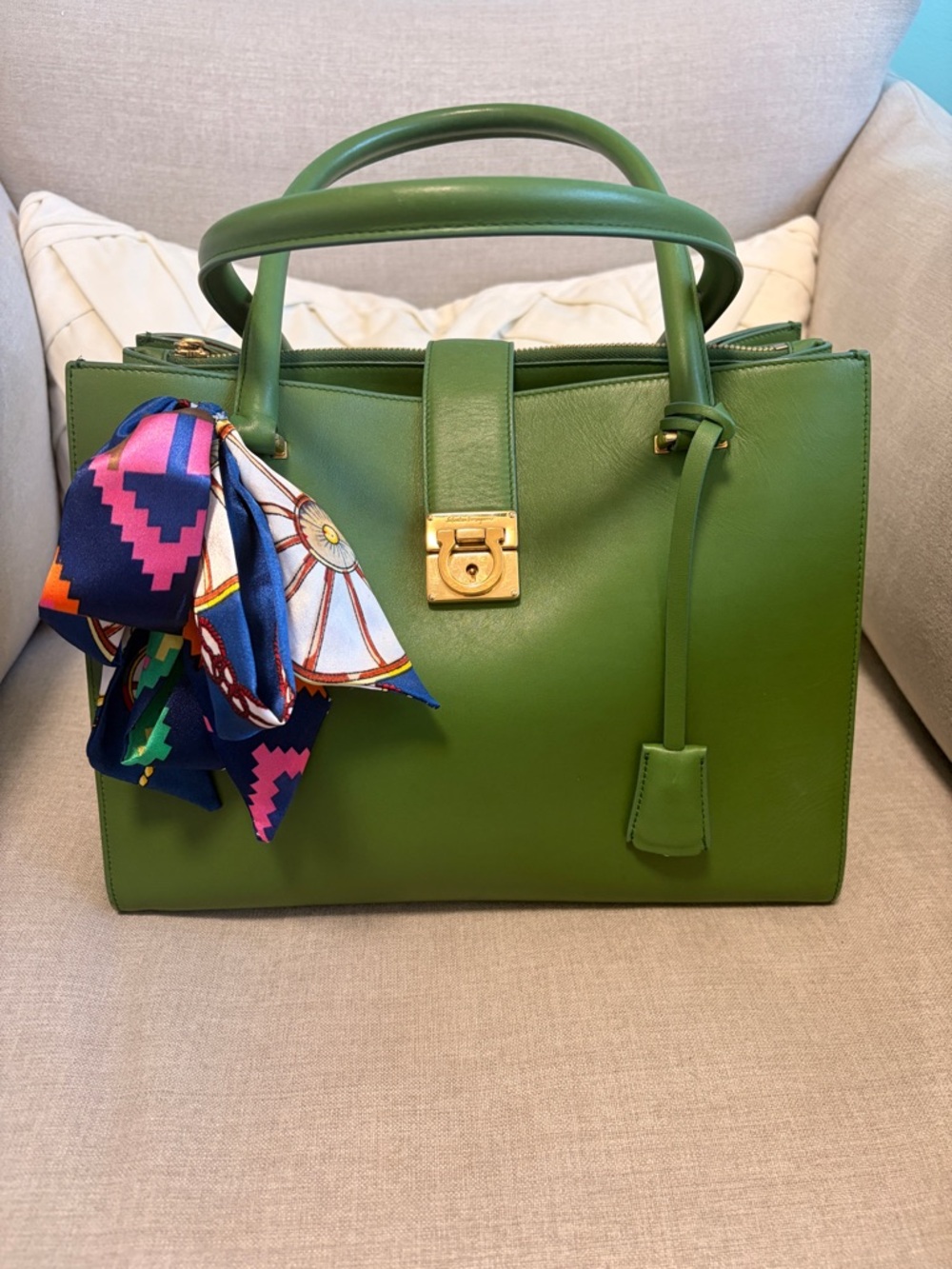 Green Structured Leather Top-Handle Bag with Gold Hardware